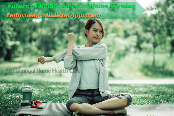 Health-conscious individual practicing yoga outdoors, symbolizing the future of healthcare and home nursing with a holistic approach at Kalaimagal Home Health Care