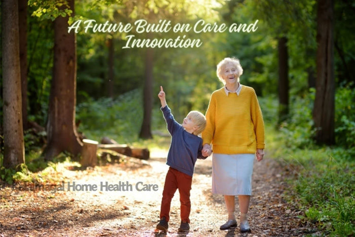 Grandmother walking with her grandchild in a park, symbolizing Kalaimagal Home Health Care's vision for a future built on care and innovation in Coimbatore