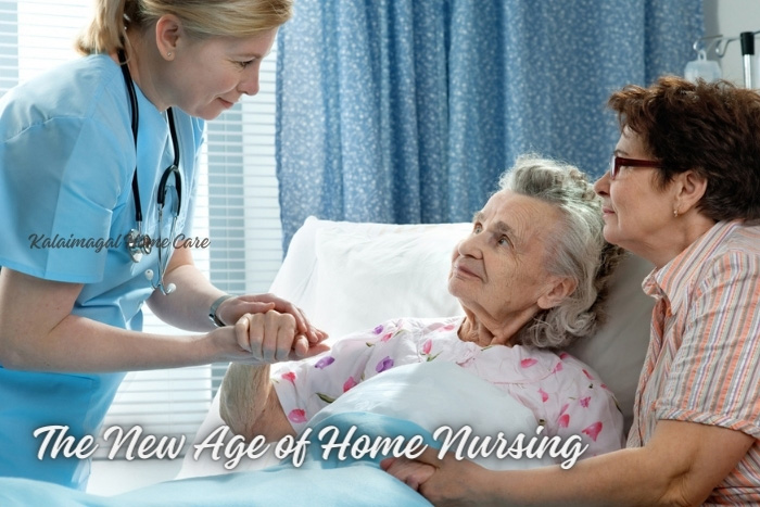 Compassionate home nurse providing bedside assistance to a senior woman, while a family member is present, embodying Kalaimagal Home Care's commitment to 'The New Age of Home Nursing' in Coimbatore.