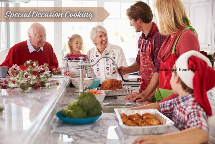 Family gathering around the kitchen for special occasion cooking, with a Kalaimagal Home Care professional preparing a festive meal, embodying the warmth of family-oriented services in Coimbatore