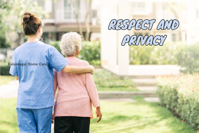 Home care nurse from Kalaimagal Home Care walking arm-in-arm with an elderly woman in a garden, emphasizing the provision of respectful and private senior care services in Coimbatore.