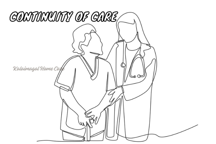 Line art illustration of a compassionate nurse providing consistent care to an elderly patient, emphasizing Kalaimagal Home Care's commitment to continuity of care in Coimbatore's home nursing services.