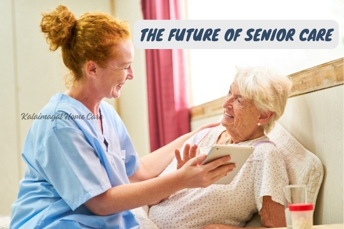 Cheerful nurse sharing a light moment with an elderly lady using a tablet, showcasing the personalized and tech-savvy approach of Kalaimagal Home Care to senior care in Coimbatore.