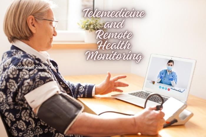 Senior woman in Coimbatore consulting with a healthcare professional via a telemedicine platform on her laptop, indicative of Kalaimagal Home Care's remote health monitoring services.