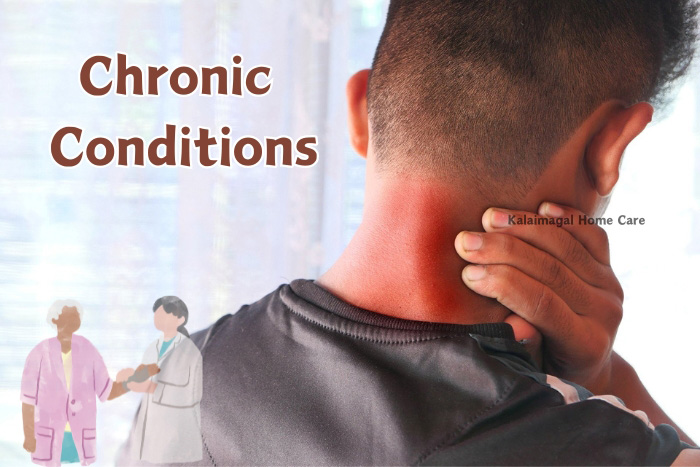 Individual experiencing neck pain indicative of chronic conditions, with a background illustration of Kalaimagal Home Care professionals discussing care, highlighting specialized support services in Coimbatore