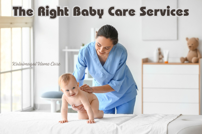 Professional caregiver from Kalaimagal Home Care gently tending to a happy infant in a well-equipped nursery, highlighting quality baby care services in Coimbatore.