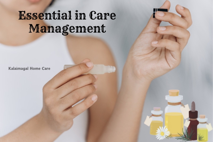 Close-up of a caregiver's hands administering essential oil, with various wellness products in the background, highlighting Kalaimagal Home Care's attention to holistic care management in Coimbatore