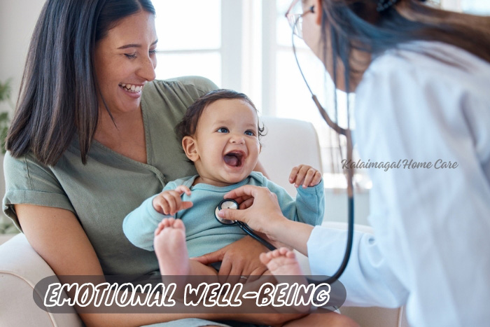 Mother holding a joyful baby being checked by a healthcare professional, illustrating Kalaimagal Home Care's focus on emotional well-being in pediatric home care services in Coimbatore.