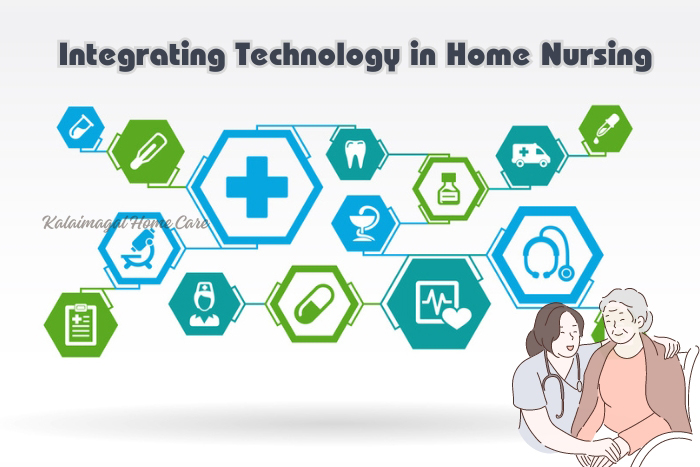 Nurse using advanced healthcare technology to provide in-home care to an elderly patient, representing Kalaimagal Home Care's integration of technology in home nursing services in Coimbatore.
