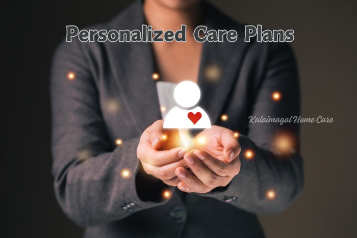 Professional from Kalaimagal Home Care presenting a glowing icon of personalized care plans, symbolizing the tailored home care services offered in Coimbatore.