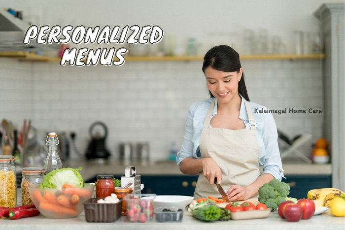 Professional home cook from Kalaimagal Home Care preparing a variety of fresh ingredients for a customized meal, showcasing personalized menu services in Coimbatore.