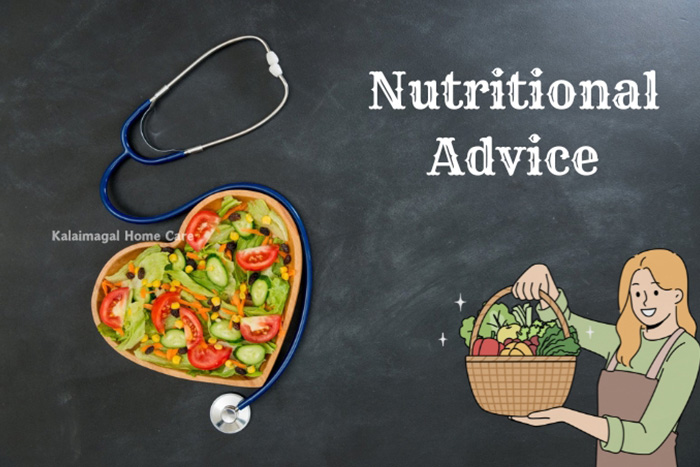 Healthy heart-shaped salad next to a stethoscope and an illustration of a caregiver holding a basket of vegetables, promoting Kalaimagal Home Care's nutritional advice services in Coimbatore.