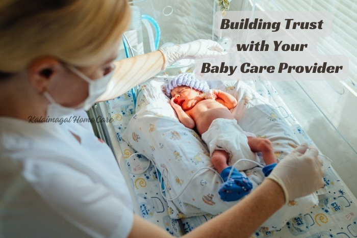 Healthcare professional in gloves providing attentive care to a newborn, embodying the trust and quality of Kalaimagal Home Care's baby care services in Coimbatore.