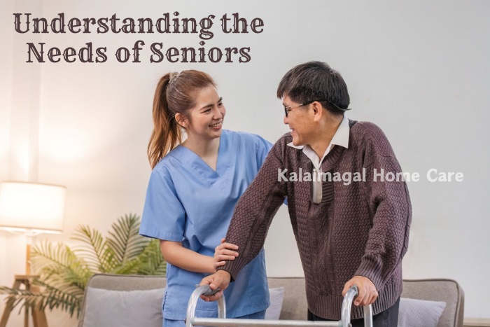 Caregiver assisting a senior man with a walker, demonstrating Kalaimagal Home Care's dedication to understanding and meeting the needs of seniors in Coimbatore