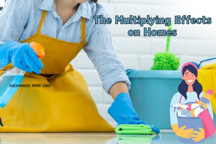 Home maid in a yellow apron cleaning a kitchen counter, demonstrating the thorough and effective cleaning services provided by Kalaimagal Home Care in Coimbatore to enhance home environments