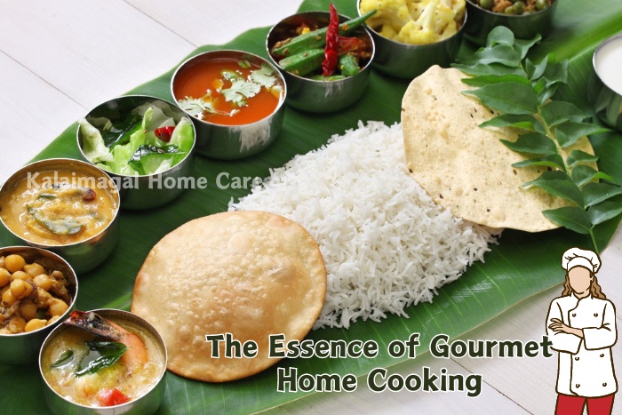 Traditional South Indian meal beautifully arranged on a banana leaf, emphasizing the essence of gourmet home cooking services provided by Kalaimagal Home Care in Coimbatore