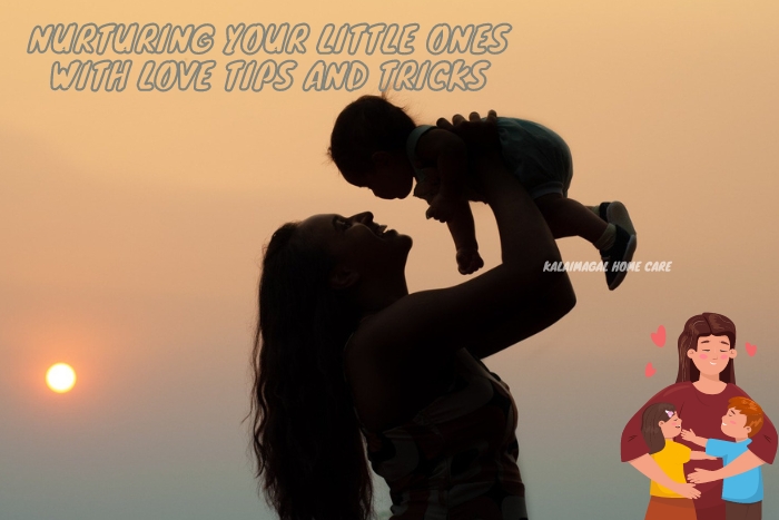 Silhouette of a mother joyfully lifting her child against a sunset, illustrating the loving and nurturing child care services provided by Kalaimagal Home Care in Coimbatore.