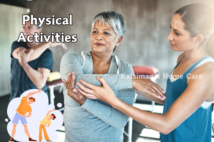 Physical therapist assisting a senior woman with exercise, illustrating Kalaimagal Home Care's commitment to promoting physical activities and rehabilitation services in Coimbatore