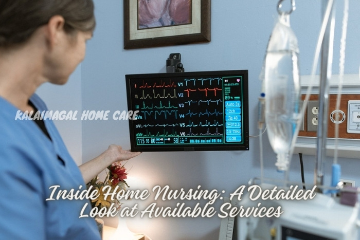 Nurse monitoring patient vitals on a digital screen, showcasing the comprehensive home nursing services provided by Kalaimagal Home Care in Coimbatore