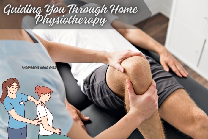 Physiotherapist performing a knee treatment on a patient at home, showcasing the specialized home physiotherapy services provided by Kalaimagal Home Care in Coimbatore
