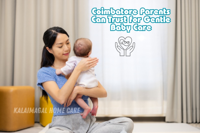Kalaimagal Home Care caregiver providing gentle and trusted baby care for parents in Coimbatore – nurturing support in a safe home environment