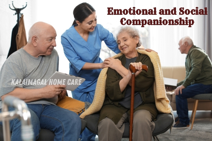 Kalaimagal Home Care caregiver providing emotional and social companionship to senior citizens at home in Coimbatore, promoting happy and connected