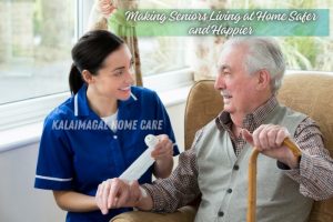 Kalaimagal Home Care nurse supporting an elderly man with home medical assistance in Coimbatore, ensuring safe and happy senior living at home