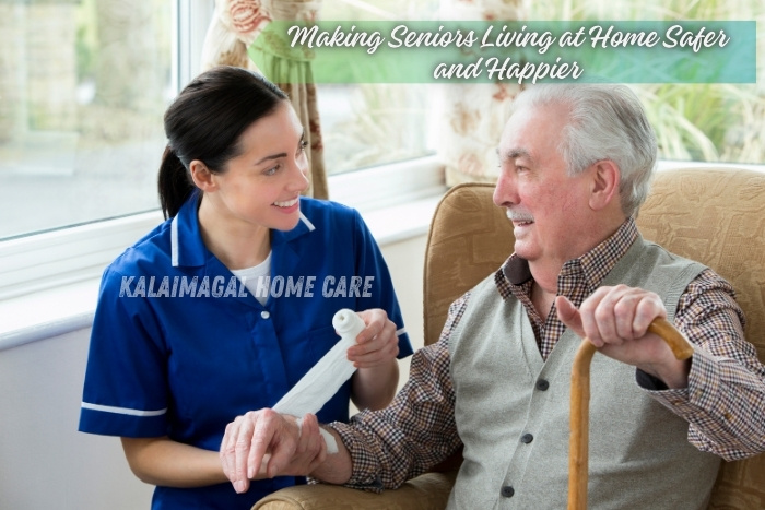 Kalaimagal Home Care nurse supporting an elderly man with home medical assistance in Coimbatore, ensuring safe and happy senior living at home