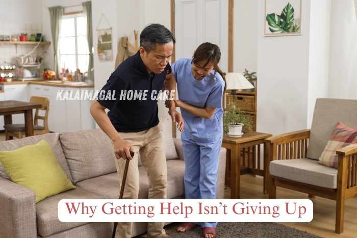 Kalaimagal Home Care caregiver in Coimbatore assisting an elderly man with mobility support, offering compassionate in-home care services for seniors