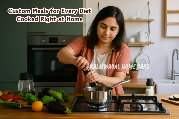 Kalaimagal Home Care home cook service in Coimbatore preparing healthy custom meals in a clean home kitchen for everyday diet needs