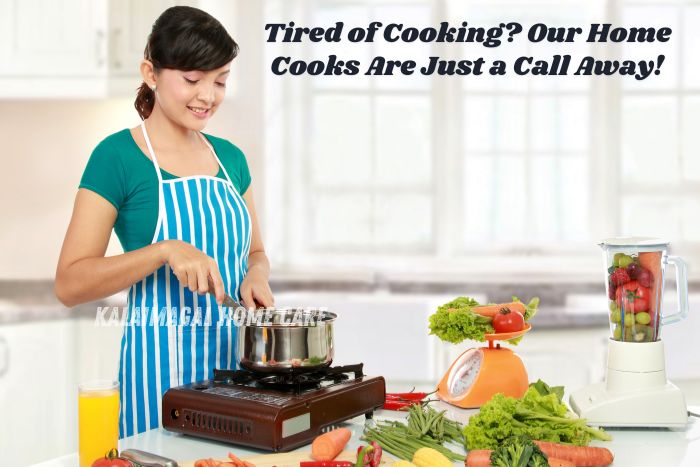 KALAIMAGAL HOME CARE’s trained home cook preparing a healthy meal in a modern kitchen in Coimbatore