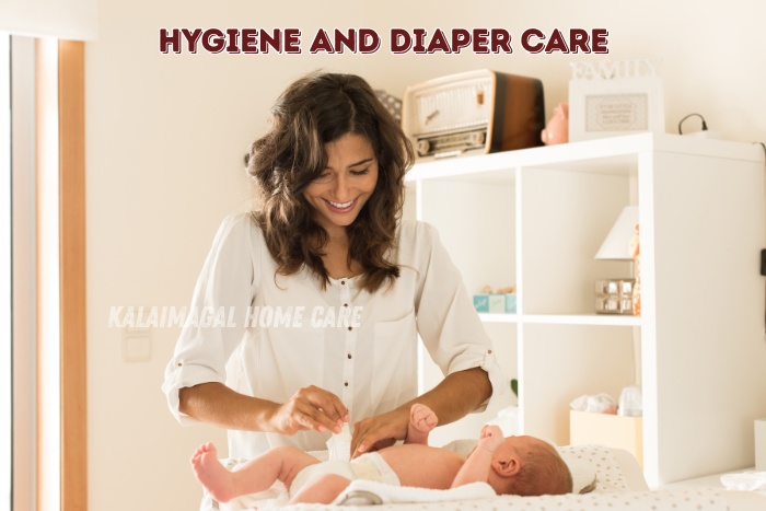 Kalaimagal Home Care in Coimbatore offering expert hygiene and diaper care for newborns – smiling caregiver gently changing