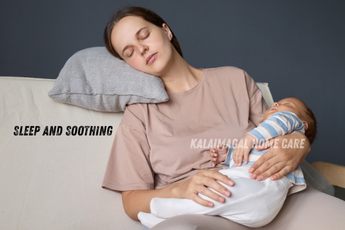 Kalaimagal Home Care in Coimbatore providing peaceful sleep and soothing support – mother and baby resting together with calm