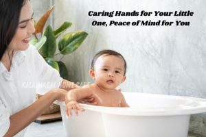 Kalaimagal Home Care’s trusted baby care services in Coimbatore – experienced caregiver giving a warm bath to a happy infant with love