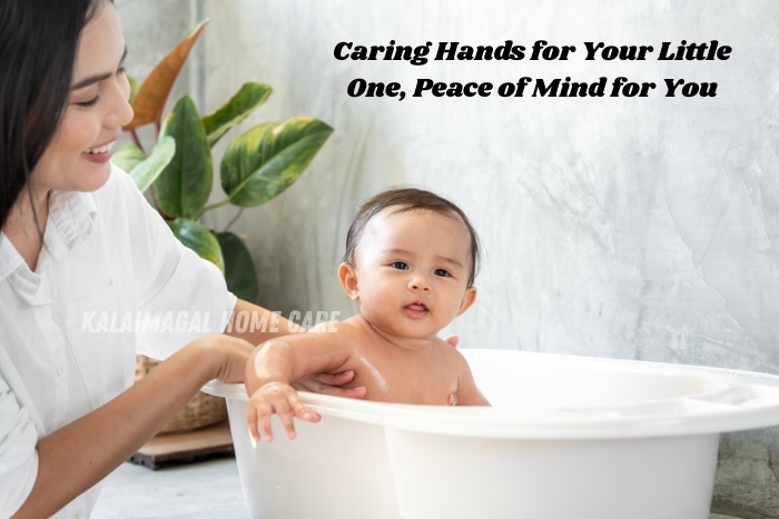 Kalaimagal Home Care’s trusted baby care services in Coimbatore – experienced caregiver giving a warm bath to a happy infant with love