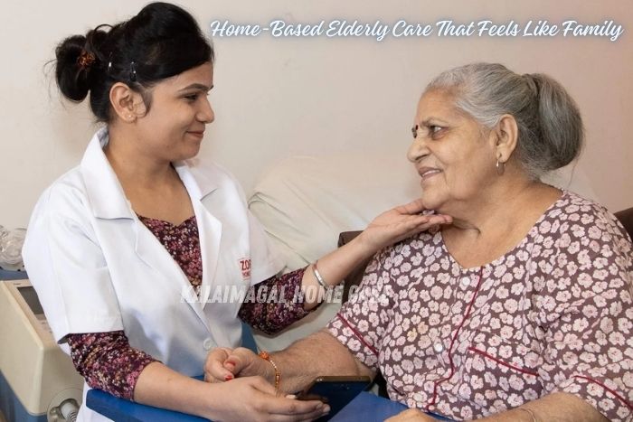 A friendly home nurse from Kalaimagal Home Care in Coimbatore providing warm Old Age Care to a smiling senior woman at home