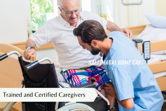 Elderly man with wheelchair transfer at home, provided by Kalaimagal Home Care in Coimbatore, offering certified home nursing