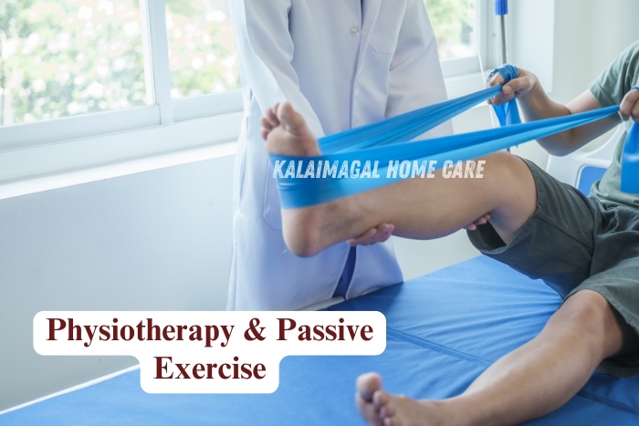 Home physiotherapy and passive exercise support provided to a patient by Kalaimagal Home Care in Coimbatore, helping with mobility and recovery