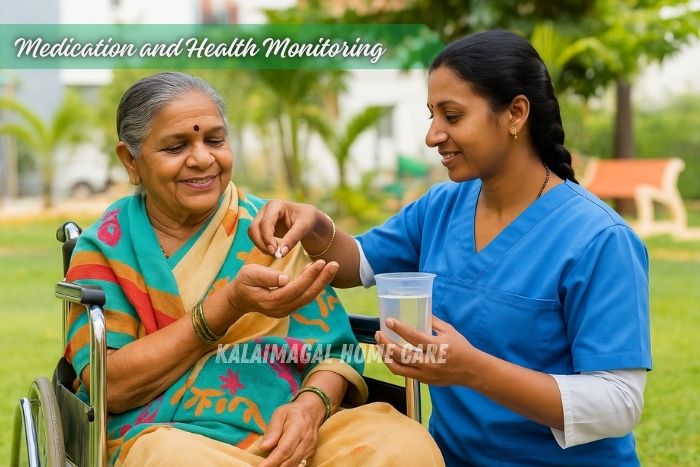 Kalaimagal Home Care in Coimbatore Provides Health monitoring during Old Age Care  service, showing kindness and professional support