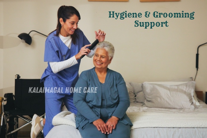 Caregiver providing hygiene and grooming support for an elderly woman at home by Kalaimagal Home Care, Coimbatore