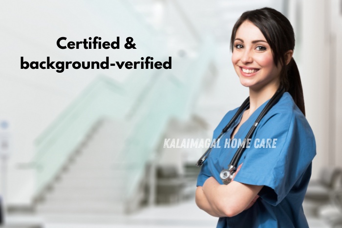 Certified and background-verified home nurse from Kalaimagal Home Care in Coimbatore, providing safe, trusted, and professional home nursing