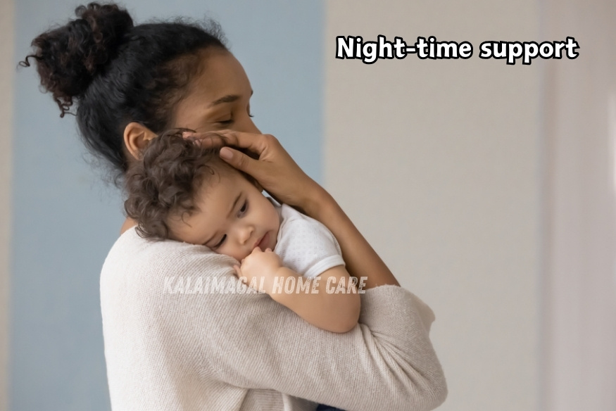 Kalaimagal Home Care in Coimbatore offering trusted night-time baby care – experienced nanny gently comforting a sleepy baby
