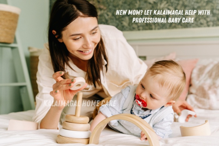 Smiling mother bonding with baby during playtime – Kalaimagal Home Care in Coimbatore trusted and caring professional baby care service